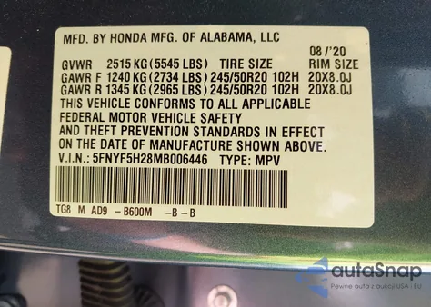 2021 Honda Pilot 2Wd Special Edition z USA, uszkodzony, nr VIN 5FNYF5H28MB006446